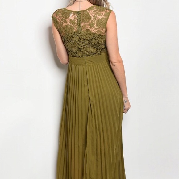 Olive Pleated Lace Crochet Long Maxi Dress NEW - Picture 3 of 6